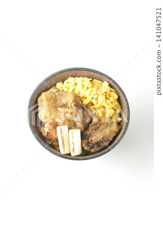 A bowl of scrambled eggs, grilled green onions, and charcoal-grilled chicken photographed against a white background. A bowl of scrambled eggs, grilled green onions, and charcoal-grilled chicken photographed against a white background. 141047521