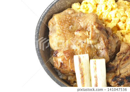 A bowl of scrambled eggs, grilled green onions, and charcoal-grilled chicken photographed against a white background. A bowl of scrambled eggs, grilled green onions, and charcoal-grilled chicken photographed against a white background. 141047536