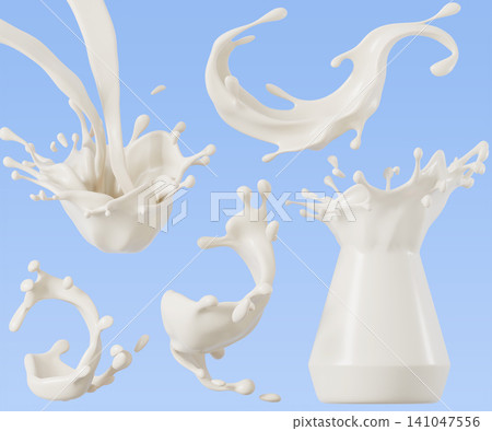White milk splash 3d collection - pouring streams, crown and swirling liquid shapes, cream pitcher with drops on blue. Realistic dairy product motion design for packaging, advertising. 3D illustration 141047556