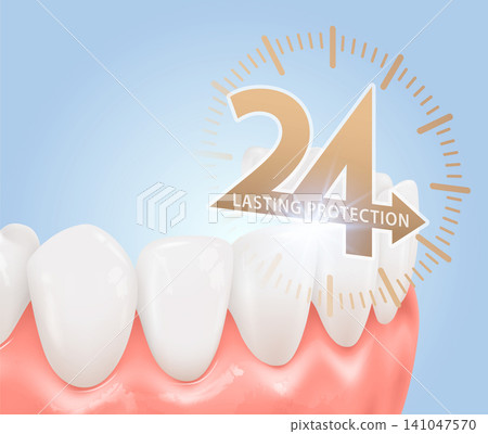 3D Vector of clean white teeth and gums with 24h lasting protection clock concept for dental care product advertising on blue background. 3D Vector of clean white teeth and gums with 24h lasting protection clock concept for dental care product advertising on blue background. 141047570