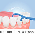 Dental floss pick removing dirt between clean white teeth and pink gums on a blue background. 3D vector illustration. 141047699
