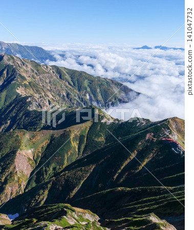 從五龍山到唐松山的北阿爾卑斯山脈山脊景觀,以及一片廣闊的雲海(垂直構圖)。 從五龍山到唐松山的北阿爾卑斯山脈山脊景觀,以及一片廣闊的雲海(垂直構圖)。 141047732