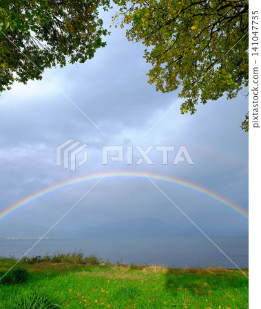雨後,琵琶湖上空出現了一道美麗的半圓形彩虹,樹木也披上了鮮嫩的綠葉。 雨後,琵琶湖上空出現了一道美麗的半圓形彩虹,樹木也披上了鮮嫩的綠葉。 141047735