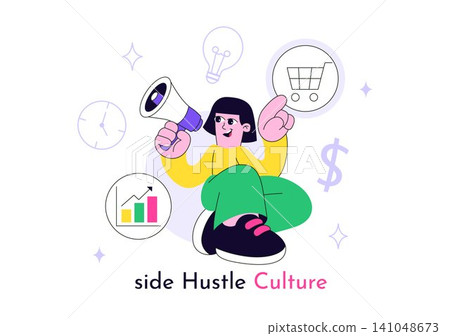Side Hustle Culture Vector Illustration Featuring Freelance Business, Extra Income, Content Creator, Digital Entrepreneurship, and Gig Economy Side Hustle Culture Vector Illustration Featuring Freelance Business, Extra Income, Content Creator, Digital Entrepreneurship, and Gig Economy 141048673