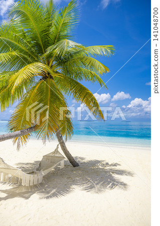 Serene tropical beach, lone palm tree, hanging hammock, crystal turquoise sea. Vertical paradise island, dreamy summer getaway. Relaxing honeymoon vacation wallpaper, peaceful coastal escape Serene tropical beach, lone palm tree, hanging hammock, crystal turquoise sea. Vertical paradise island, dreamy summer getaway. Relaxing honeymoon vacation wallpaper, peaceful coastal escape 141048700