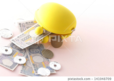 A coin purse and toy money A coin purse and toy money 141048709