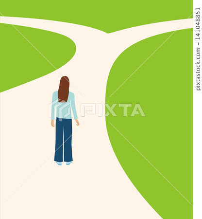Vector illustration of a woman at a crossroads in her life. Vector illustration of a woman at a crossroads in her life. 141048851