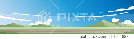 Minimalist panoramic vector illustration showing dirt road and wide green meadows. Stretching toward smooth distant hills under a vast bright blue daytime sky filled with wispy white clouds. Minimalist panoramic vector illustration showing dirt road and wide green meadows. Stretching toward smooth distant hills under a vast bright blue daytime sky filled with wispy white clouds. 141048881