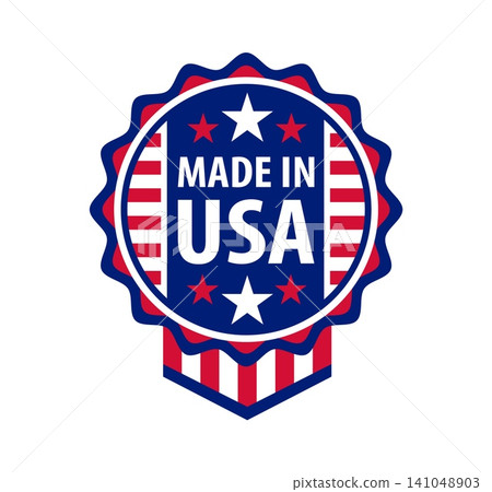 Made in USA label with American flag ribbon and quality stars for label badge or stamp icon. Made in USA badge for United States production symbol and US product quality guarantee or certificate stamp Made in USA label with American flag ribbon and quality stars for label badge or stamp icon. Made in USA badge for United States production symbol and US product quality guarantee or certificate stamp 141048903