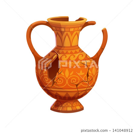 Broken vase or ancient ceramic pot and antique clay jar with cracks for archeology. Cartoon broken vase or Greek amphora and Roman jug or pottery vessel with ornament for museum and gallery exhibition Broken vase or ancient ceramic pot and antique clay jar with cracks for archeology. Cartoon broken vase or Greek amphora and Roman jug or pottery vessel with ornament for museum and gallery exhibition 141048912