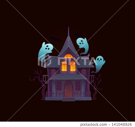 Scary and funny Halloween haunted house icon surrounded by spooky trees and playful flying ghosts. Cartoon creepy vector game icon for Halloween parties, holiday apps, or digital stickers Scary and funny Halloween haunted house icon surrounded by spooky trees and playful flying ghosts. Cartoon creepy vector game icon for Halloween parties, holiday apps, or digital stickers 141048926