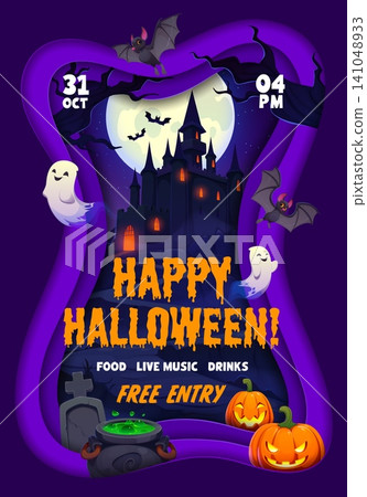Abandoned castle, flying ghosts and witch cauldron of magic potion on paper cut Halloween party flyer. Layered vector poster with full moon, ghosts, graveyard, pumpkin and cauldron for Halloween party Abandoned castle, flying ghosts and witch cauldron of magic potion on paper cut Halloween party flyer. Layered vector poster with full moon, ghosts, graveyard, pumpkin and cauldron for Halloween party 141048933