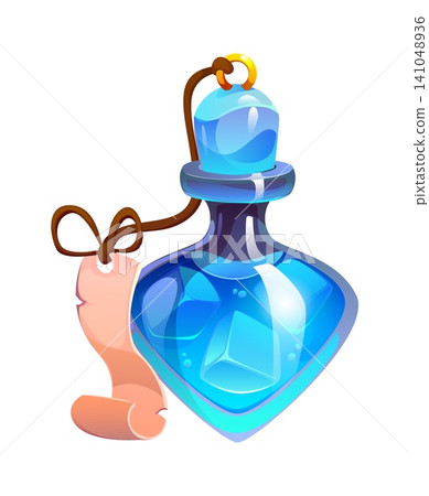 Cartoon magic potion bottle filled with glowing blue liquid and ice facets inside. A cork stopper with leather string holds a curly paper tag. Halloween witch alchemy potion, fantasy witchcraft Cartoon magic potion bottle filled with glowing blue liquid and ice facets inside. A cork stopper with leather string holds a curly paper tag. Halloween witch alchemy potion, fantasy witchcraft 141048936