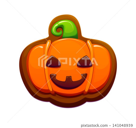 Cartoon Halloween pumpkin cookie with frosted orange glaze and smiling jack o lantern face. Sweet and spooky gingerbread cookie with bright orange icing and chocolate details. Vector snack for holiday Cartoon Halloween pumpkin cookie with frosted orange glaze and smiling jack o lantern face. Sweet and spooky gingerbread cookie with bright orange icing and chocolate details. Vector snack for holiday 141048939