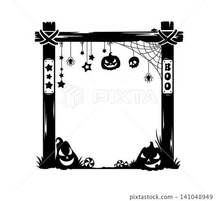Spooky Halloween border with pumpkins, sweets, and cobweb hanging from wood post. Scary wooden gate with hanging stars, spiderweb and creepy sign Boo. Creepy vector autumn seasonal banner Spooky Halloween border with pumpkins, sweets, and cobweb hanging from wood post. Scary wooden gate with hanging stars, spiderweb and creepy sign Boo. Creepy vector autumn seasonal banner 141048949