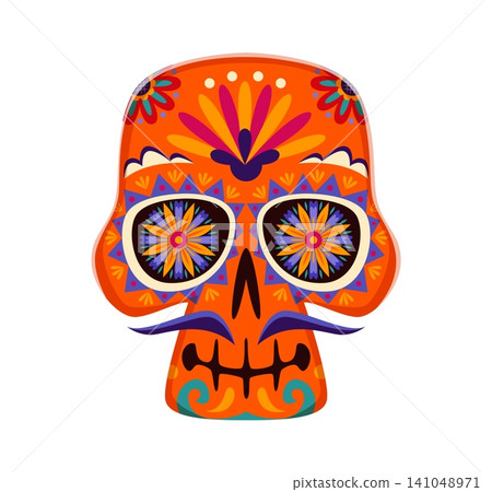 Mexican calavera sugar skull for Dia De Los Muertos festival cartoon character. Mexican skull with moustaches and flowers pattern or orange floral art ornament for Day of the dead holiday in Mexico 141048971