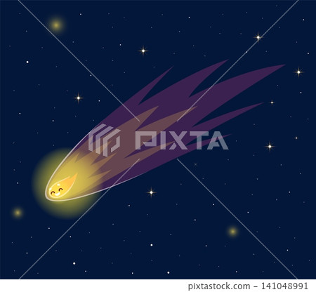 Cartoon comet asteroid character in planet solar system or shooting star in starry sky. Solar system and galaxy cartoon character or falling meteorite with cute smile for kids space astronomy Cartoon comet asteroid character in planet solar system or shooting star in starry sky. Solar system and galaxy cartoon character or falling meteorite with cute smile for kids space astronomy 141048991