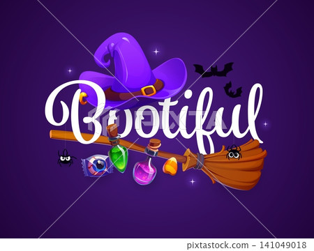 Halloween Bootiful quote for holiday greeting card, vector banner with witch hat and broomstick. Halloween holiday Bootiful quote with funny spider in cobweb, monster candy sweets and magic potion 141049018