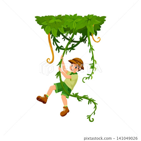 Scout kid swinging on liana vine in jungles, cartoon boy explorer character. Young scout child adventurer or boy scout in green outfit hanging on jungle liana branch in tropical forest on scouting Scout kid swinging on liana vine in jungles, cartoon boy explorer character. Young scout child adventurer or boy scout in green outfit hanging on jungle liana branch in tropical forest on scouting 141049026