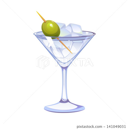 Martini with olive cocktail glass for party alcohol drink or classic beverage. Isolated vermouth drink of Martini extra dry with green olive on toothpick with ice cubes for cocktails bar menu Martini with olive cocktail glass for party alcohol drink or classic beverage. Isolated vermouth drink of Martini extra dry with green olive on toothpick with ice cubes for cocktails bar menu 141049031