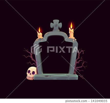 Halloween holiday photo frame of tombstone on grave and scary skull, cartoon vector template. Halloween horror night holiday photo frame of cemetery tomb with dead skeleton and monster tree branches 141049035