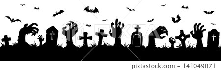 Halloween zombie hands between graveyard tombstones landscape silhouette. Vector spooky black silhouette of a graveyard with zombie hands, tombstones, twisted trees and bats for Halloween party Halloween zombie hands between graveyard tombstones landscape silhouette. Vector spooky black silhouette of a graveyard with zombie hands, tombstones, twisted trees and bats for Halloween party 141049071