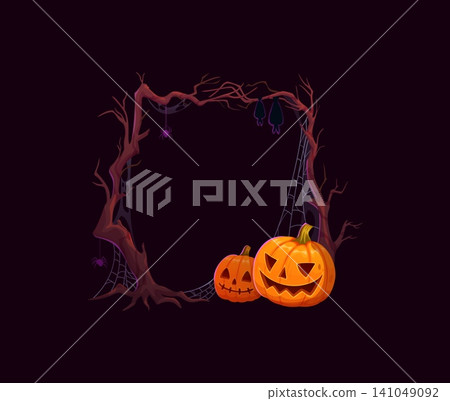 Halloween holiday photo frame. Cartoon spooky vector frame crafted from gnarled tree branches, cobwebs, spiders, bats, and pumpkins with sinister smiles. Creepy photo frame for Halloween invitation Halloween holiday photo frame. Cartoon spooky vector frame crafted from gnarled tree branches, cobwebs, spiders, bats, and pumpkins with sinister smiles. Creepy photo frame for Halloween invitation 141049092