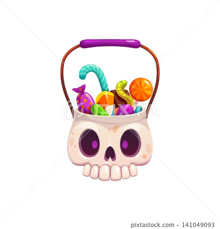 Halloween trick or treat candies and sweets bucket. Cartoon skull bucket overflowing with spooky Halloween sweets. Spooky vector candies, gummy worms, lollipops, caramel corn treat and chocolate Halloween trick or treat candies and sweets bucket. Cartoon skull bucket overflowing with spooky Halloween sweets. Spooky vector candies, gummy worms, lollipops, caramel corn treat and chocolate 141049093