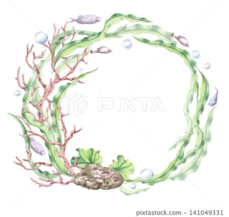 A wreath with seaweed, coral, and fish. This isolated watercolor illustration is perfect for branding, postcards, decorative panels, interior design, and themed websites. A wreath with seaweed, coral, and fish. This isolated watercolor illustration is perfect for branding, postcards, decorative panels, interior design, and themed websites. 141049331