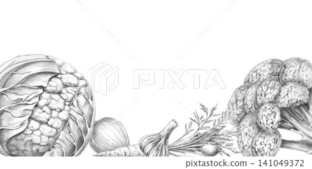 Rectangular frame with cauliflower, onions, garlic, and broccoli. Graphite pencil illustration for culinary blogs, restaurants, farm food stores, fitness studios, educational materials, and packaging. Rectangular frame with cauliflower, onions, garlic, and broccoli. Graphite pencil illustration for culinary blogs, restaurants, farm food stores, fitness studios, educational materials, and packaging. 141049372