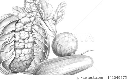 Rectangular frame with cauliflower, beets, and zucchini. Graphite pencil illustration for culinary blogs, restaurants, farm food stores, fitness studios, educational materials, and packaging. Rectangular frame with cauliflower, beets, and zucchini. Graphite pencil illustration for culinary blogs, restaurants, farm food stores, fitness studios, educational materials, and packaging. 141049375