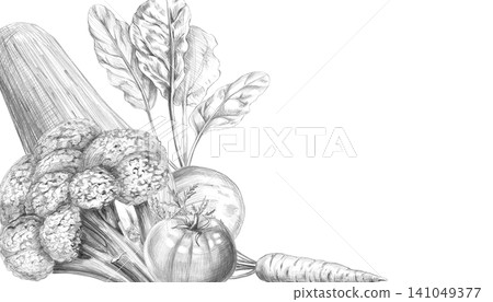 Rectangular frame with broccoli, zucchini, beets, and tomatoes. Graphite pencil illustration for culinary blogs, restaurants, farm food stores, fitness studios, educational materials, and packaging. Rectangular frame with broccoli, zucchini, beets, and tomatoes. Graphite pencil illustration for culinary blogs, restaurants, farm food stores, fitness studios, educational materials, and packaging. 141049377