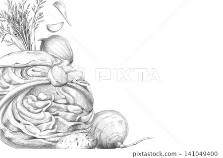 Rectangular frame with a pencil illustration of vegetables. Naturalistic, detailed graphite pencil illustration for restaurants, cafes, farms, food blogs, and packaging. Rectangular frame with a pencil illustration of vegetables. Naturalistic, detailed graphite pencil illustration for restaurants, cafes, farms, food blogs, and packaging. 141049400