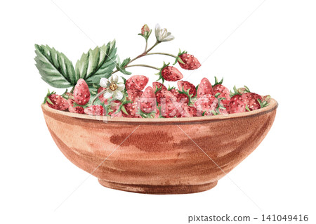 Clay bowl with strawberries and leaves. Isolated watercolor illustration for cosmetic brands, flower studios, wedding agencies and interior designers. Clay bowl with strawberries and leaves. Isolated watercolor illustration for cosmetic brands, flower studios, wedding agencies and interior designers. 141049416
