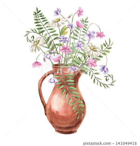 A clay jug with a bouquet of wildflowers and forest flowers. Isolated watercolor illustration for cafes, natural food stores, cards, invitations, and creating a rustic or country atmosphere. A clay jug with a bouquet of wildflowers and forest flowers. Isolated watercolor illustration for cafes, natural food stores, cards, invitations, and creating a rustic or country atmosphere. 141049418