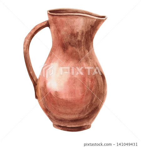 Antique clay jug, Isolated watercolor illustration suitable for vintage shops, cafes, restaurants, interior designers, to create a rustic or country atmosphere. Antique clay jug, Isolated watercolor illustration suitable for vintage shops, cafes, restaurants, interior designers, to create a rustic or country atmosphere. 141049431