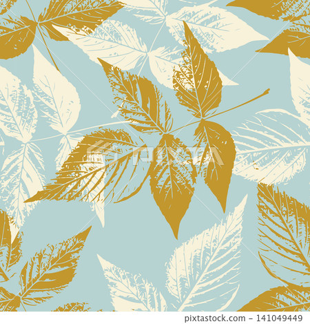 Elegant autumn raspberry leaves seamless pattern with detailed ink stamp imprints for modern fashion apparel fabric, home decor textile and stationery paper design in mustard yellow, cream white and p Elegant autumn raspberry leaves seamless pattern with detailed ink stamp imprints for modern fashion apparel fabric, home decor textile and stationery paper design in mustard yellow, cream white and p 141049449