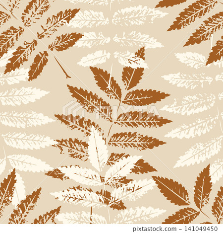 Autumn rowan leaves seamless pattern with realistic ink stamps texture for thanksgiving wrapping paper, textile fabric and wallpaper design in beige, cream and terracotta brown colors. Autumn rowan leaves seamless pattern with realistic ink stamps texture for thanksgiving wrapping paper, textile fabric and wallpaper design in beige, cream and terracotta brown colors. 141049450