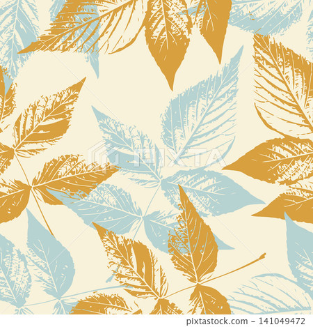 Ochre and dusty blue ash leaf imprint seamless pattern cream vector background for elegant home textile wrapping paper and pastel autumn wallpaper. Ochre and dusty blue ash leaf imprint seamless pattern cream vector background for elegant home textile wrapping paper and pastel autumn wallpaper. 141049472