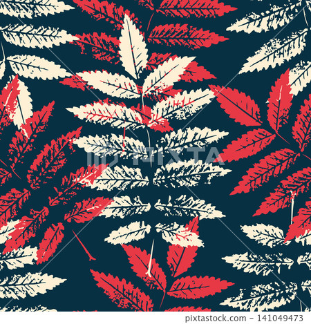 Red and cream rowan leaf imprint seamless pattern dark teal vector background for modern textile fabric print fashion design wrapping paper and botanical wallpaper. Red and cream rowan leaf imprint seamless pattern dark teal vector background for modern textile fabric print fashion design wrapping paper and botanical wallpaper. 141049473