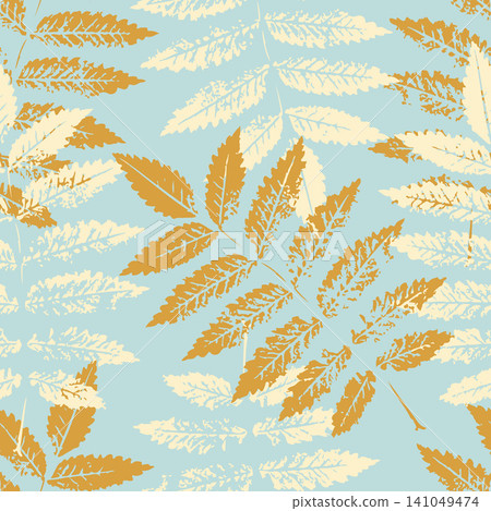 Autumn rowan leaf imprint seamless pattern ochre and cream vector background on light blue for textile fabric print wrapping paper and botanical wallpaper. Autumn rowan leaf imprint seamless pattern ochre and cream vector background on light blue for textile fabric print wrapping paper and botanical wallpaper. 141049474