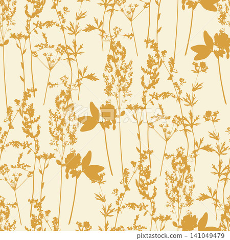 botanical pattern with mustard yellow wildflower and meadow herb silhouettes on a cream beige background, elegant summer nature texture for home textile, wallpaper, wrapping paper, and eco friendly pa botanical pattern with mustard yellow wildflower and meadow herb silhouettes on a cream beige background, elegant summer nature texture for home textile, wallpaper, wrapping paper, and eco friendly pa 141049479