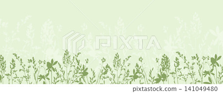 meadow grass border vector illustration with wild herb silhouettes on a pastel mint green background, horizontal botanical banner design for website headers, spring textile prints, cosmetic packaging meadow grass border vector illustration with wild herb silhouettes on a pastel mint green background, horizontal botanical banner design for website headers, spring textile prints, cosmetic packaging 141049480