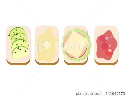 A simple, toy-like illustration of four types of toast: avocado, butter, jam, etc. A simple, toy-like illustration of four types of toast: avocado, butter, jam, etc. 141049573