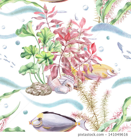 A watercolor pattern featuring underwater scenes with fish and seaweed. Ideal for designing children's products, summer greeting cards, beach-themed decor, website layouts, textiles, and packaging. A watercolor pattern featuring underwater scenes with fish and seaweed. Ideal for designing children's products, summer greeting cards, beach-themed decor, website layouts, textiles, and packaging. 141049616