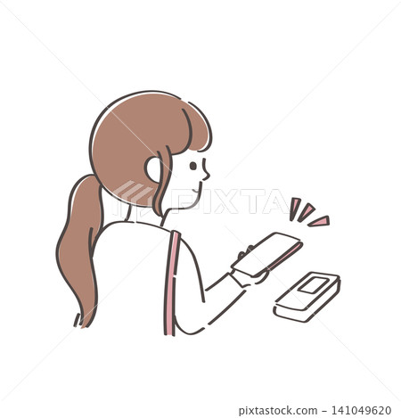 一幅可愛的手繪插圖，描繪了一位女士使用智慧型手機進行支付的場景。 141049620
