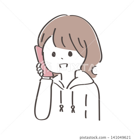 A hand-drawn illustration of a young woman talking on her smartphone. 141049621
