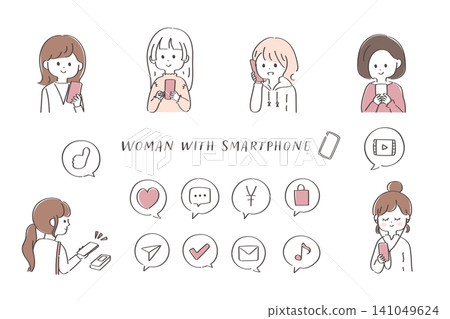 A set of cute illustrations of young women using smartphones. A set of cute illustrations of young women using smartphones. 141049624