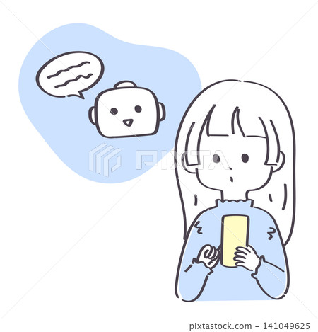 A hand-drawn illustration of a young woman using an AI service on her smartphone. A hand-drawn illustration of a young woman using an AI service on her smartphone. 141049625