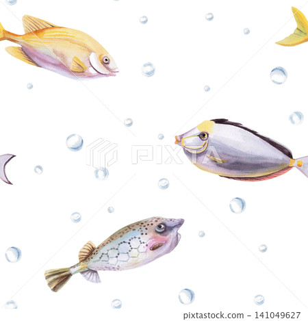 A watercolor pattern featuring fish and air bubbles. Ideal for designing children's products, summer greeting cards, beach-themed decor, websites, textiles, and packaging. A watercolor pattern featuring fish and air bubbles. Ideal for designing children's products, summer greeting cards, beach-themed decor, websites, textiles, and packaging. 141049627